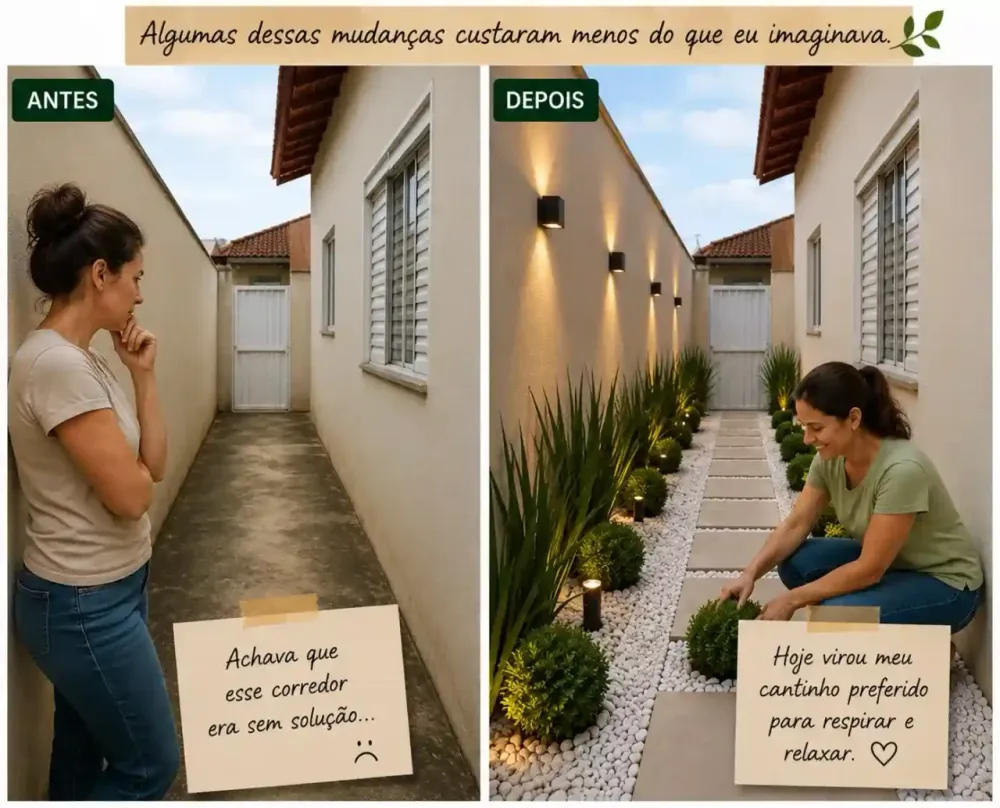 Antes e depois de um canto da casa transformado num jardim